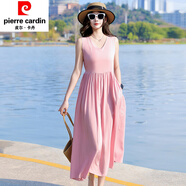 皮爾卡丹（pierre cardin）2025新款法式海邊度假三亞沙灘長裙無t袖背心裙大擺棉綢連衣裙女 粉色 3XL 建議130-150斤
