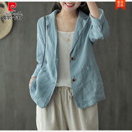 皮爾卡丹亞麻小西裝外套女2025春夏新款韓版大碼寬松薄款棉麻休閑長(cháng)袖西服 藍色 L 【110-125斤】