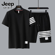 吉普（JEEP）四條杠運動(dòng)短袖套裝男夏季休閑T恤短褲tb純棉圓領(lǐng)三道杠一套 A616-886 黑色 XL