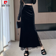 皮爾卡丹（pierre cardin）高端黑色金絲絨半身裙女春秋高腰開(kāi)叉包臀裙復古顯瘦中長(cháng)款一步裙 黑色 L