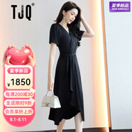 TJQ奢侈高檔品牌2025夏季新款時尚氣質名媛洋氣顯瘦女裝絕美V領裙子 黑色【禮盒包裝】 M 【推薦85-105斤】