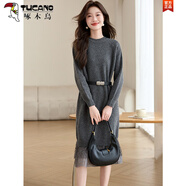 啄木鳥(niǎo)（TUCANO）2025秋冬新款漂亮過(guò)膝打底毛衣裙假兩件蕾絲拼接羊毛針織連衣裙女 灰色 M 【建議 100-110斤】