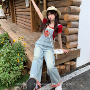 織物豬 夏日甜莓 甜酷風(fēng)牛仔背帶褲女夏愛(ài)心貼布減齡連體闊腿長(zhǎng)褲 背帶長(zhǎng)褲 L (105-115)
