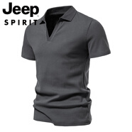 JEEP SPIRIT無扣polo衫短袖男翻領T恤純色純棉夏季新款潮流男士黑色V領體恤 深灰色 L 120-130斤