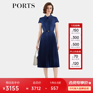 PORTS寶姿女裝春夏新款通勤襯衫領(lǐng)拼接百褶收腰短袖中長連衣裙 丈青-1 XXS (0)