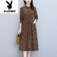 花公子(PLAYBOY)小碎花中年連衣裙女春秋2025新款中長款長袖收腰印花翻領打底裙子 棕色  L 100-120斤