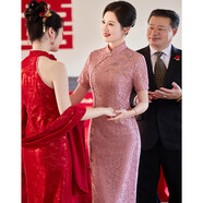 帕絲特【婚慶禮服】新中式旗袍婚宴禮服蕾絲立領(lǐng)短袖連衣裙 粉紅 3XL