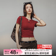 馬登女裝 修身短袖t恤女美式亨利正肩短衫純色內(nèi)搭打底衫辣妹衣服 酒紅色 馬登工裝 M 修身版型可拍大一碼