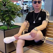 花花公子2025新款冰絲運(yùn)動(dòng)休閑套裝夏季男短袖短褲潮牌大碼圓領(lǐng)薄款兩件套 短袖+短褲套裝 XL 125-140斤