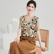 金菊【桑蠶絲復古印花拼接】V領(lǐng)薄款針織開(kāi)衫外套夏季媽媽裝真絲T恤女