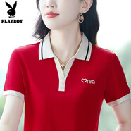 花花公子（PLAYBOY OUTDOOR）時(shí)尚短袖T恤女裝夏翻領(lǐng)新款中年媽媽有領(lǐng)上衣運(yùn)動(dòng)體恤衫 大紅色 4XL (建議140-155斤)