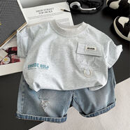 G·DUCK KIDS男童夏季套裝2025新款洋氣夏裝短袖兒童兩件套寶寶薄款衣服套裝潮 淺灰色 YNJC 牛仔褲t恤兩件套 52