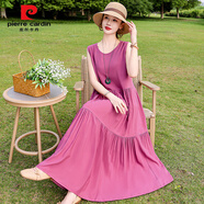 皮爾卡丹夏新款棉綢度假長(cháng)裙子碎花長(cháng)款大碼連衣裙無(wú)袖氣質(zhì)顯瘦吊帶沙灘裙 紫色 L 3乂 建議130-145斤