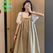 YOMC2024學(xué)院風(fēng)小清新背帶裙女夏季寬松韓版顯瘦收腰小個(gè)子連衣裙套裝 白色上衣+卡其色背帶裙 2XL _建議[140-165斤]