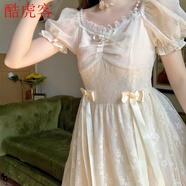 成人禮服女 18嵗禮服 學(xué)生夏季柔霧月光 珍珠蝴蝶結(jié)泡泡袖蕾絲邊森系仙女裙連衣裙女 杏色連衣裙 M(建議90-100斤）