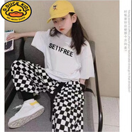 G.DUCKKIDS兒童純棉兩件套格子褲韓版短袖T恤2025春夏男童女童街舞套裝褲子 字母白【兩件套】 100 cm 建議90-100cm年齡3-4歲