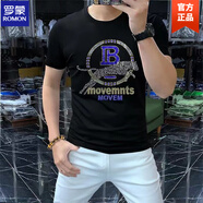 羅蒙（ROMON）t恤潮牌高檔燙鉆短袖男夏季2025新款ins寬松圓領(lǐng)純棉痞帥上衣體恤 豹子-黑色（純棉） L 建議115-130斤