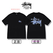斯圖西（stussy）美式字母圖西短袖重磅印花街頭男女情侶同款復(fù)古寬松上衣T恤 馬賽克格子logo（黑色） XL  （高版本加包裝）