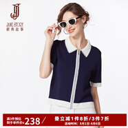 經(jīng)典故事（JANE STORY）經(jīng)典故事品牌拉鏈冰絲針織衫女夏季2025新款簡約開衫短袖針織上衣 藏藍(lán) 2XL