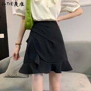 J-the白色魚尾裙半身裙女夏季20254新款高腰a字裙荷葉邊顯瘦包臀短裙子 黑色 2XL