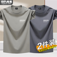 阿諾頓（ARNUODON）兩件裝100%棉短袖t恤男2025新款夏季薄款圓領(lǐng)寬松體恤上衣打底衫 【100%純棉】AM卡其+AM鐵灰 S *建議75-95斤