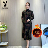 花花公子（PLAYBOY）時(shí)尚氣質(zhì)媽媽裝冬季新款加絨加厚遮肉顯瘦中老年洋氣打底連衣裙女 紅玫瑰 XL (建議85-110斤)