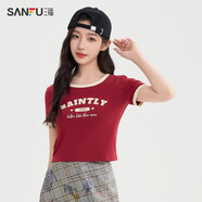 三福（SANFU）短袖T恤女2025新款夏季美式印花撞色短款圓領(lǐng)上衣女裝 大紅-英文 S