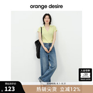orangedesire【奶油面團(tuán)T】orange desire復(fù)古V字POLO領(lǐng)百搭T恤2025夏季新款 豚草綠 M