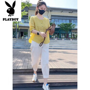 花花公子（PLAYBOY）多巴胺五分袖襯衫套裝女2025夏季新款時(shí)尚洋氣休閑9分褲兩件套潮 【黃色套裝】-旗艦款 2XL _建議125-140斤