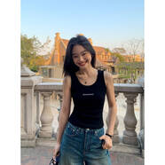 deciuhlaepusumede 質(zhì)感在線|U型背心女外穿字母刺繡彈力修身基礎(chǔ)吊帶上衣 黑色現(xiàn)貨 S 均碼