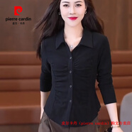 皮爾卡丹（pierre cardin）百搭收腰打底衫女秋季2025新款設計感長(cháng)袖襯衫遮肚子修身顯瘦上衣 黑色 M 建議80-100斤