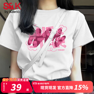 班尼路S&K系列短袖t恤女裝夏季純棉新款寬松半袖休閑上衣服小個(gè)子女生 白-粉luck白星 【100%純棉】 M -推薦體重105-120斤（卡碼拍大）