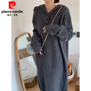 皮爾卡丹慵懶風連帽純.棉衛(wèi)衣毛衣裙女2025秋季新款寬松過膝加厚長款針織灰色均碼