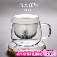 容山堂陶瓷玻璃泡茶杯綠茶杯玻璃杯茶水分離水杯保溫恒溫杯墊中式茶具 海水江崖玻璃茶杯+瑞鶴圖白底