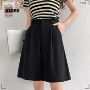 希格鯊雪紡西裝短褲女高腰夏季薄款顯瘦黑色休閑闊腿小個(gè)子冰絲五分中褲 【單扣】黑色-斜紋面料 S (80-90斤)