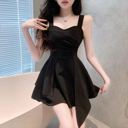 衣然呈品連衣裙女夏季新款美式高街潮牌時(shí)尚收腰不規則吊帶抹胸連衣短裙女 黑色 M 【建議90-105斤】