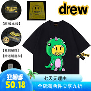 Drew EssDrew笑臉短袖卡通恐龍潮牌賈斯汀比伯寬松情侶休閑百搭純棉短袖T 叁標齊全-黑色260克100%純棉 M （85-115斤）156-163cm