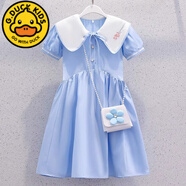 G.DUCKKIDS女童學院風連衣裙夏季2024新款洋氣5-15女孩薄款兒童夏裝短袖裙子 天藍色連衣裙【不含包包】 140 cm身高131-140cm8-9歲