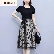 FR.YH.ZH隆鑫服裝商行2025夏季新款洋氣收腰顯瘦拼接氣質(zhì)時尚百搭連衣裙 黑色 2XL