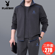 花花公子運動套裝男士三件套春秋季新款爸爸裝大碼中老年人休閑跑步運動服 89707深灰色【春秋款三件套】 3XL【建議161--180斤左右】
