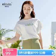 Olrain歐芮兒白色T恤女夏季新款寬松顯瘦刺繡荷葉邊喇叭袖純棉上衣 白色 M