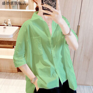 盛妙慈歐洲站夏季減齡短袖薄款休閑襯衫女2023新款氣質(zhì)寬松純色襯衣小衫 綠色 3XL_140-150斤