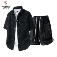 啄木鳥(niǎo)（TUCANO）夏季運動(dòng)休閑套裝男士冰絲薄款扎染短袖短褲一套搭配帥氣潮牌衣服 501黑色套裝 【短袖+短褲】 L 【120-135斤】