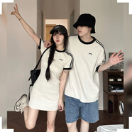 2025夏季情侶裝夏裝一男一女套裝條紋短袖T恤包臀連衣裙一衣一裙 女裙 L