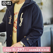 馬登工裝 美式復古橄欖扣毛呢大衣男冬季學院風重磅寬松連帽長款外套 海軍藍 XL (180)
