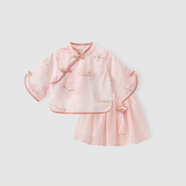 木生棉【斷碼合集】女寶寶連衣裙夏季短袖套裝嬰兒甜美國風公主衣服 粉鶴松竹/套裝 100% 80