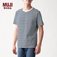 無印良品 MUJI 男式 印度棉天竺編織 條紋短袖T恤 深海軍藍(lán)X橫條 L