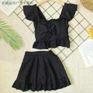 潮思匯純色二件套泳衣女孩分體簡(jiǎn)約ins風(fēng)荷葉邊夏季泡溫泉2024新款泳裝 純色蝴蝶節黑色 S(65-90斤)選我)