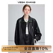VEGA CHANG黑色皮衣女2025春秋寬松顯瘦機車風pu皮短外套 松綠黑 M