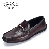 沙馳（SATCHI）男鞋新款商務(wù)休閑鞋舒適豆豆鞋一腳蹬真皮透氣時(shí)尚鴕鳥紋皮鞋 棕色 43